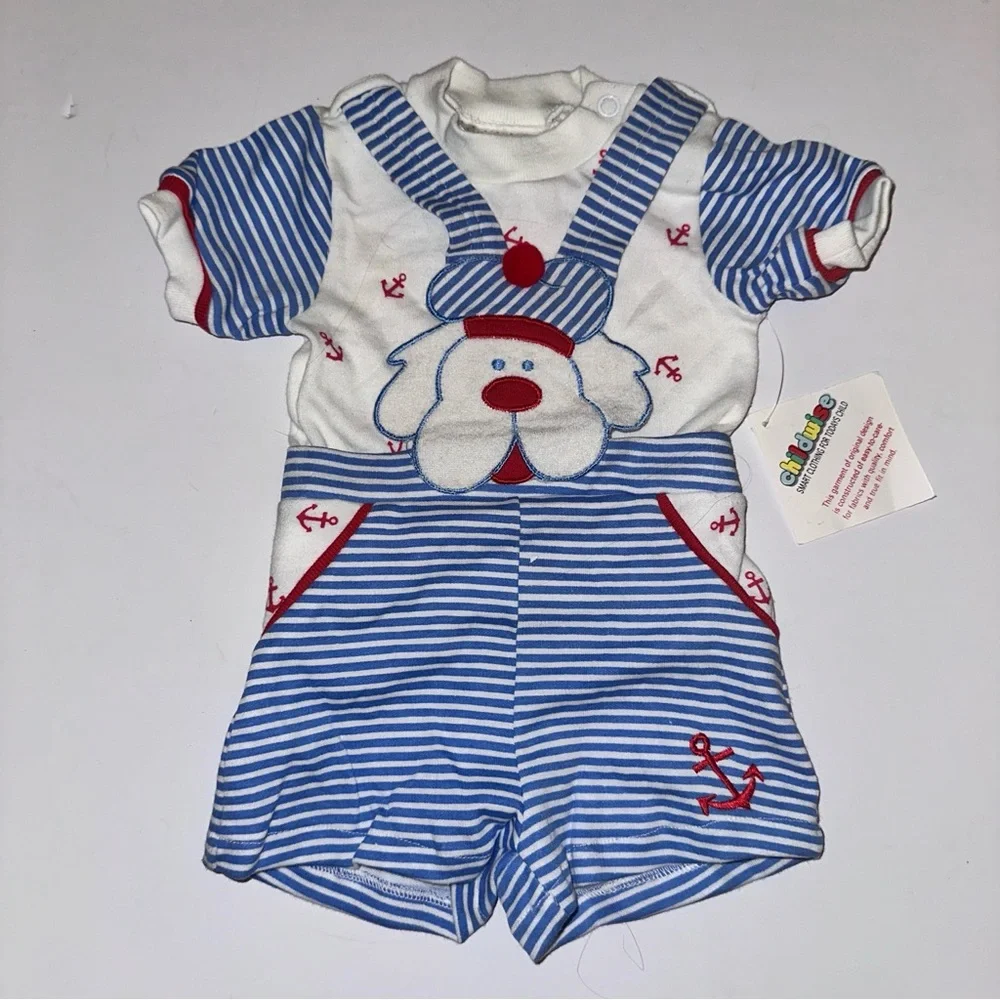 NWT VTG CHILDWISE Puppy Sailor OVERALLS SHORTS SHORTALLS Striped TEE Sz 6/9M